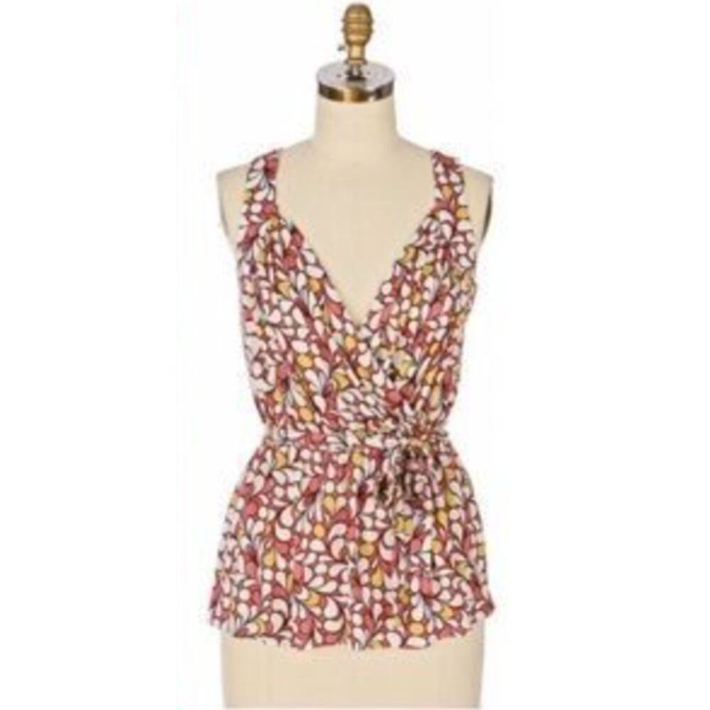 Anthropologie Left of Center Jersey Printed Tie Waist Deep V Top • Size S